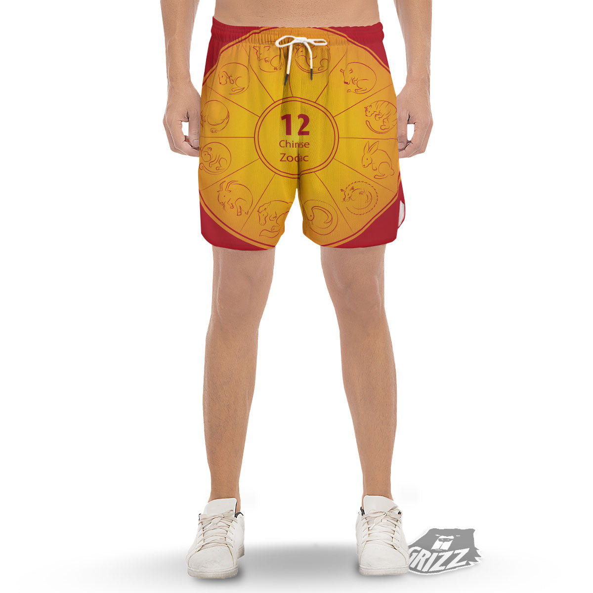 Chinese Zodiac Yellow And Red Print Men's Gym Shorts-grizzshop