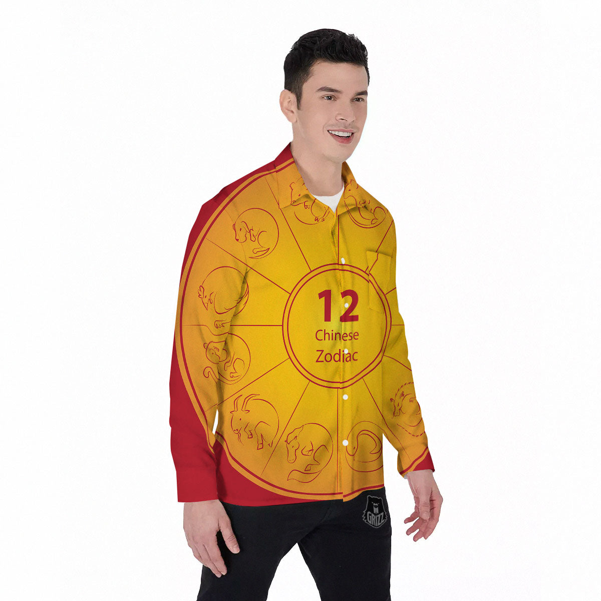 Chinese Zodiac Yellow And Red Print Men's Long Sleeve Shirts-grizzshop