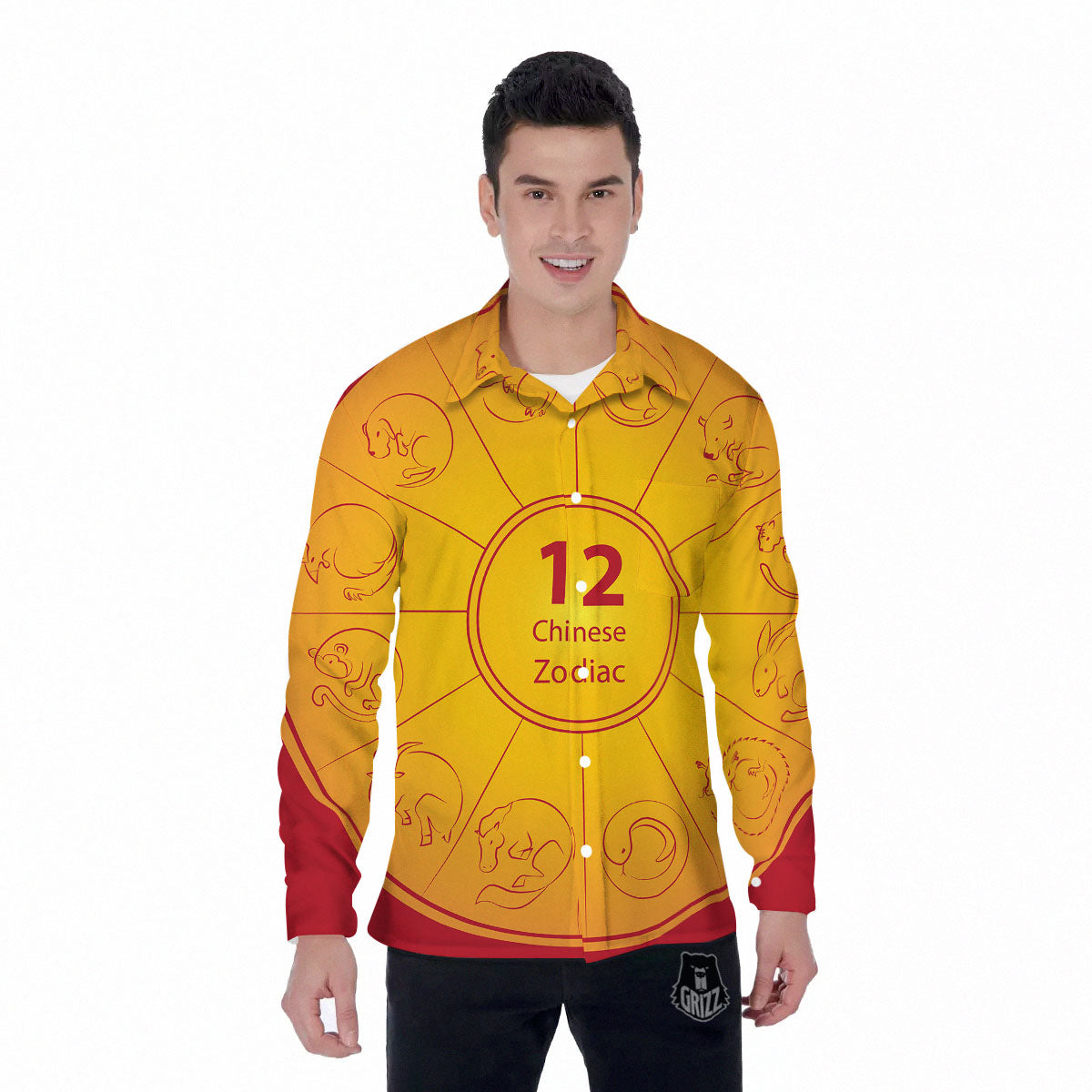 Chinese Zodiac Yellow And Red Print Men's Long Sleeve Shirts-grizzshop