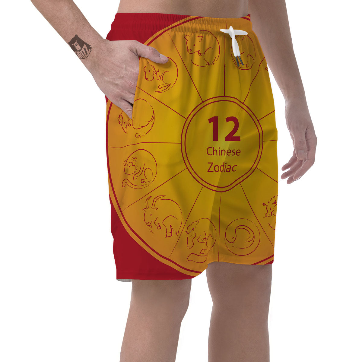 Chinese Zodiac Yellow And Red Print Men's Shorts-grizzshop