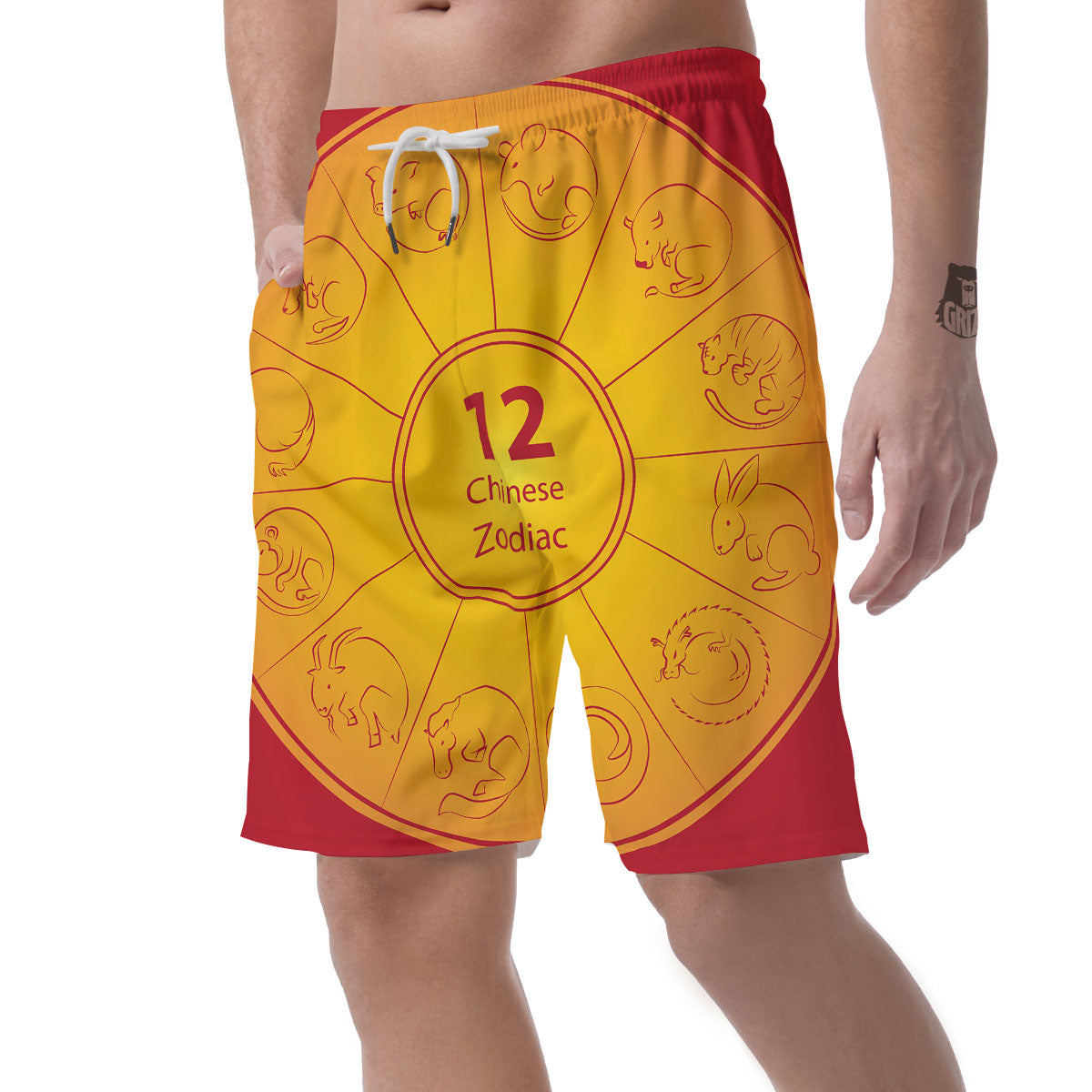Chinese Zodiac Yellow And Red Print Men's Shorts-grizzshop