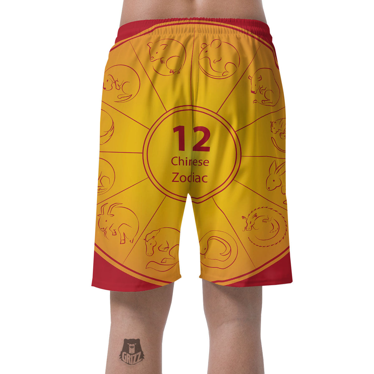 Chinese Zodiac Yellow And Red Print Men's Shorts-grizzshop