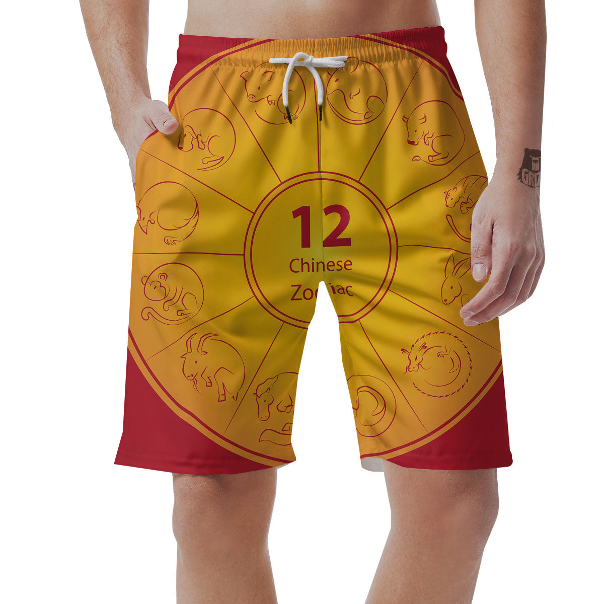 Chinese Zodiac Yellow And Red Print Men's Shorts-grizzshop