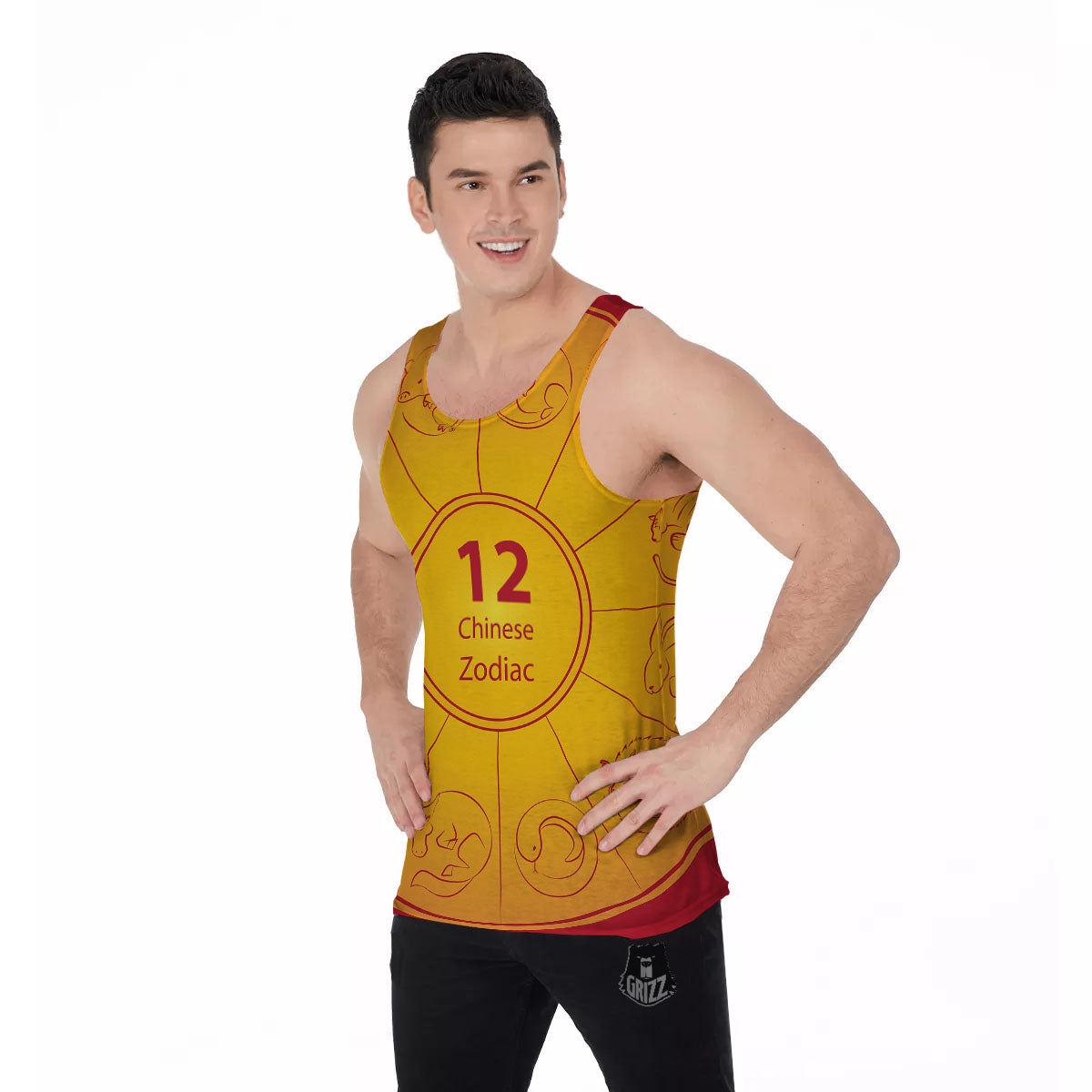 Chinese Zodiac Yellow And Red Print Men's Tank Top-grizzshop