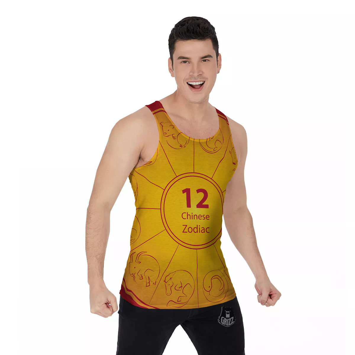 Chinese Zodiac Yellow And Red Print Men's Tank Top-grizzshop