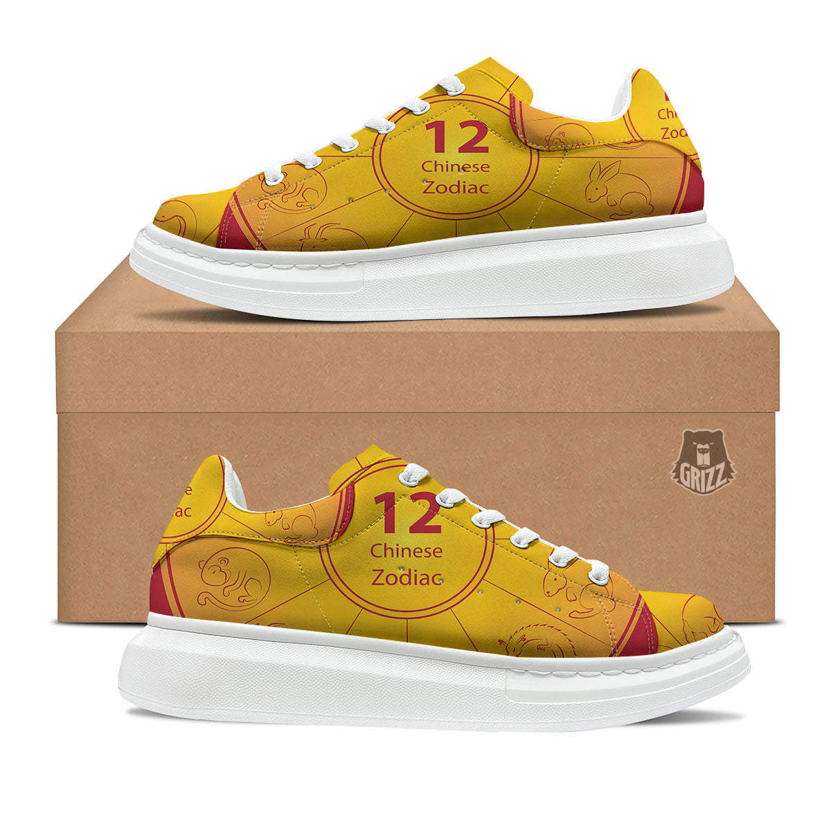 Chinese Zodiac Yellow And Red Print Platform Shoes-grizzshop