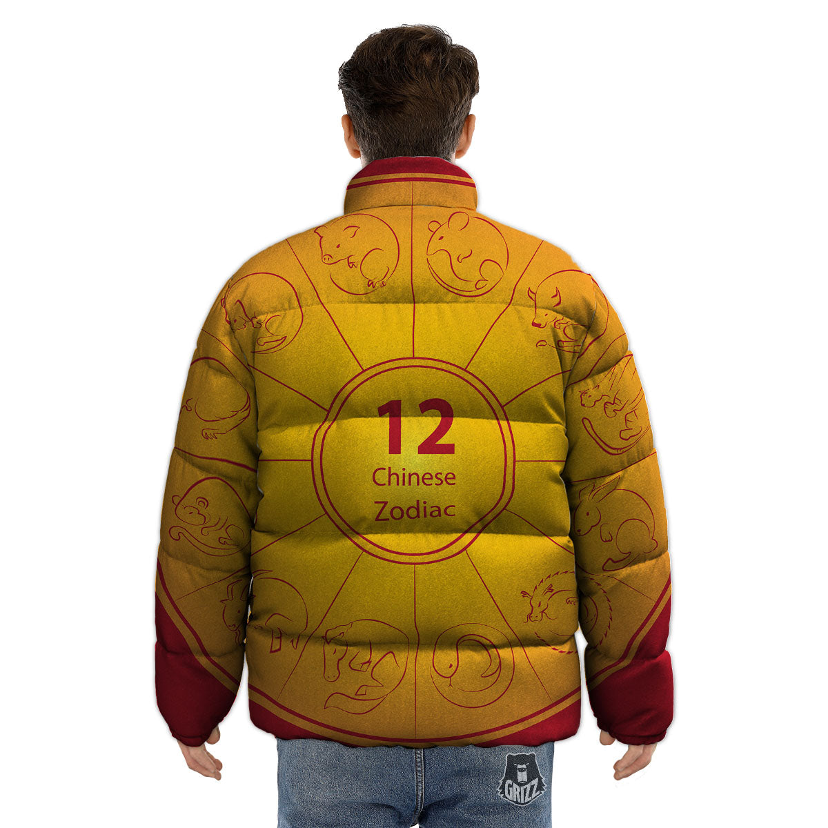 Chinese Zodiac Yellow And Red Print Puffer Jacket-grizzshop