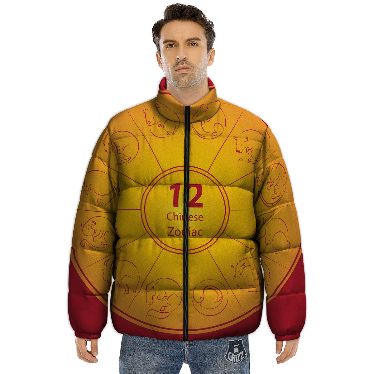 Chinese Zodiac Yellow And Red Print Puffer Jacket-grizzshop