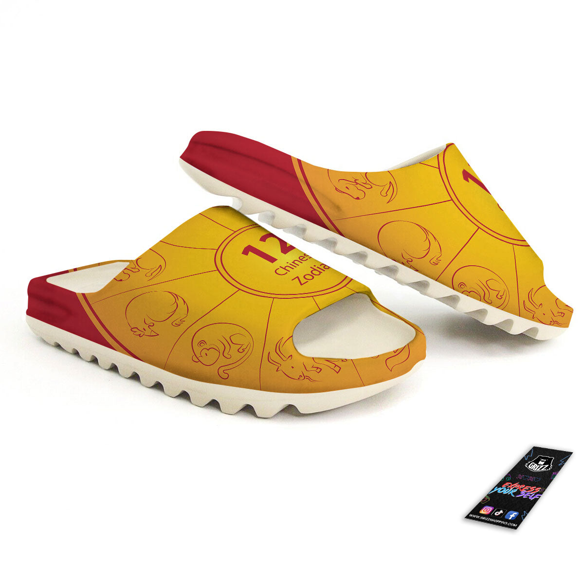 Chinese Zodiac Yellow And Red Print Sandals-grizzshop