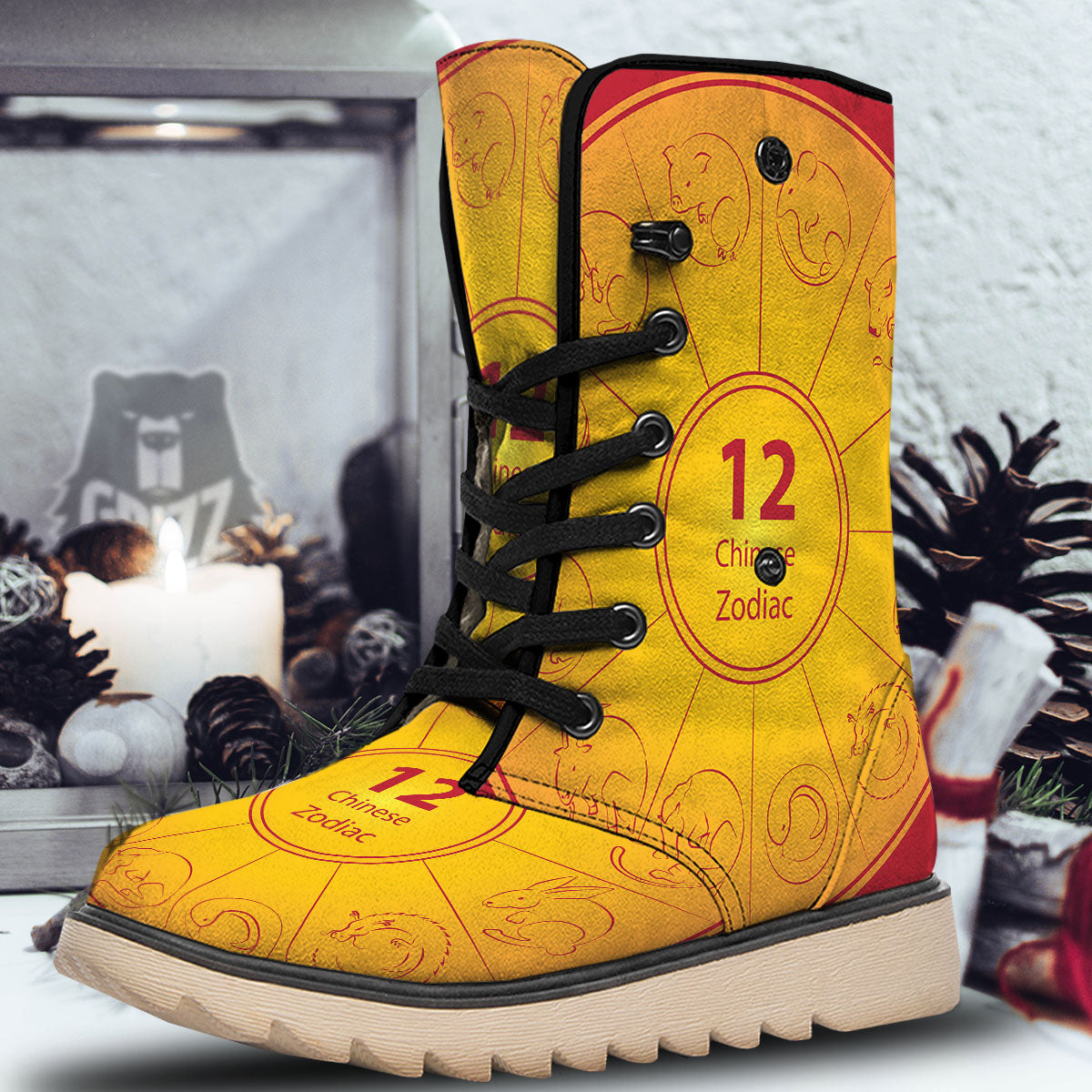 Chinese Zodiac Yellow And Red Print Snow Boots-grizzshop