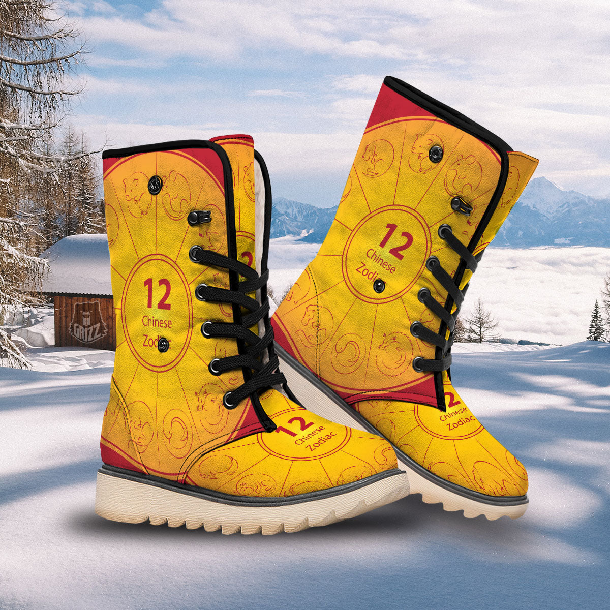 Chinese Zodiac Yellow And Red Print Snow Boots-grizzshop