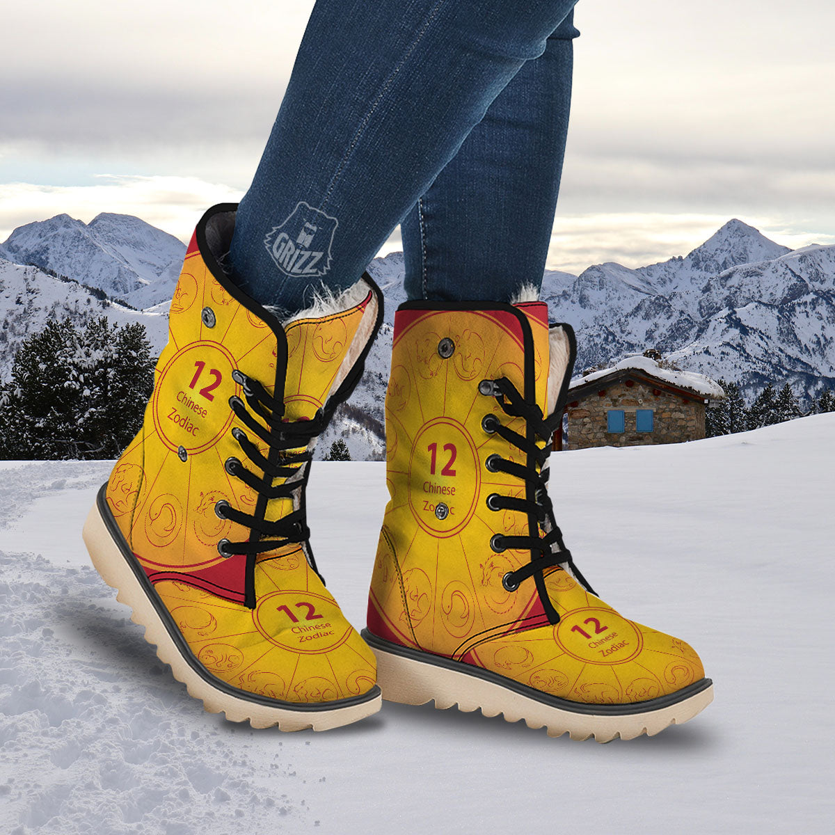 Chinese Zodiac Yellow And Red Print Snow Boots-grizzshop