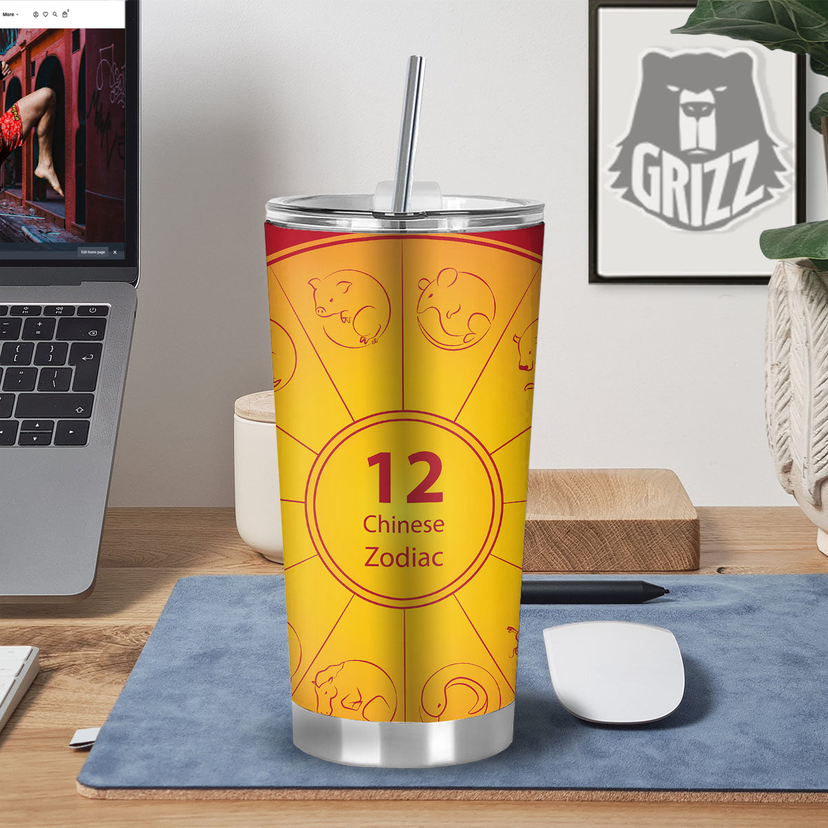 Chinese Zodiac Yellow And Red Print Tumbler-grizzshop