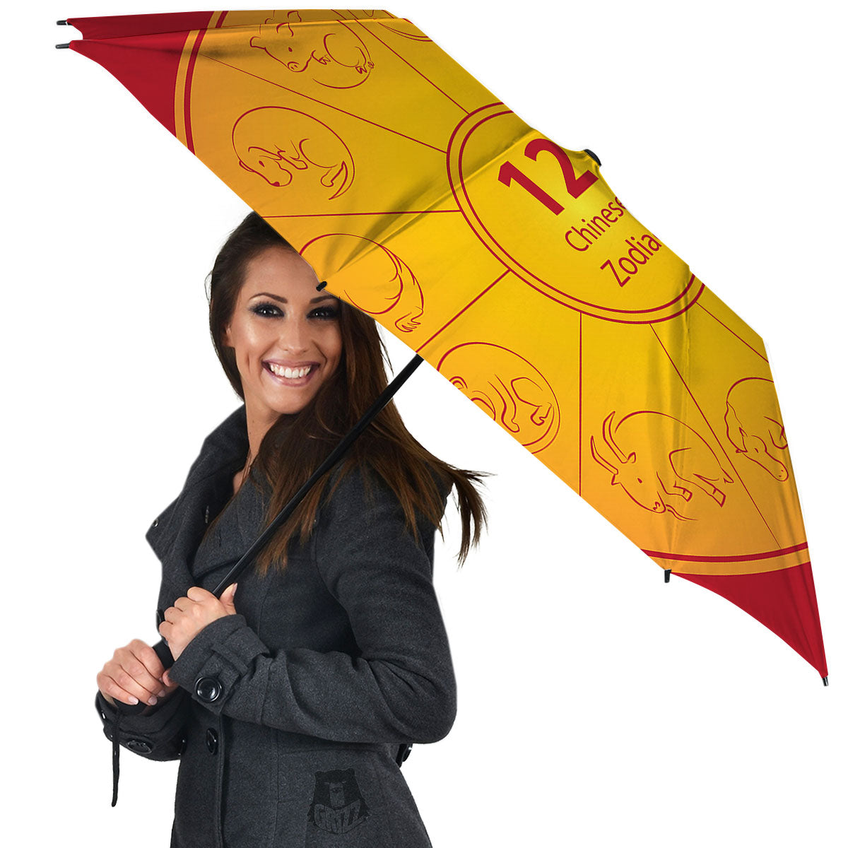 Chinese Zodiac Yellow And Red Print Umbrella-grizzshop