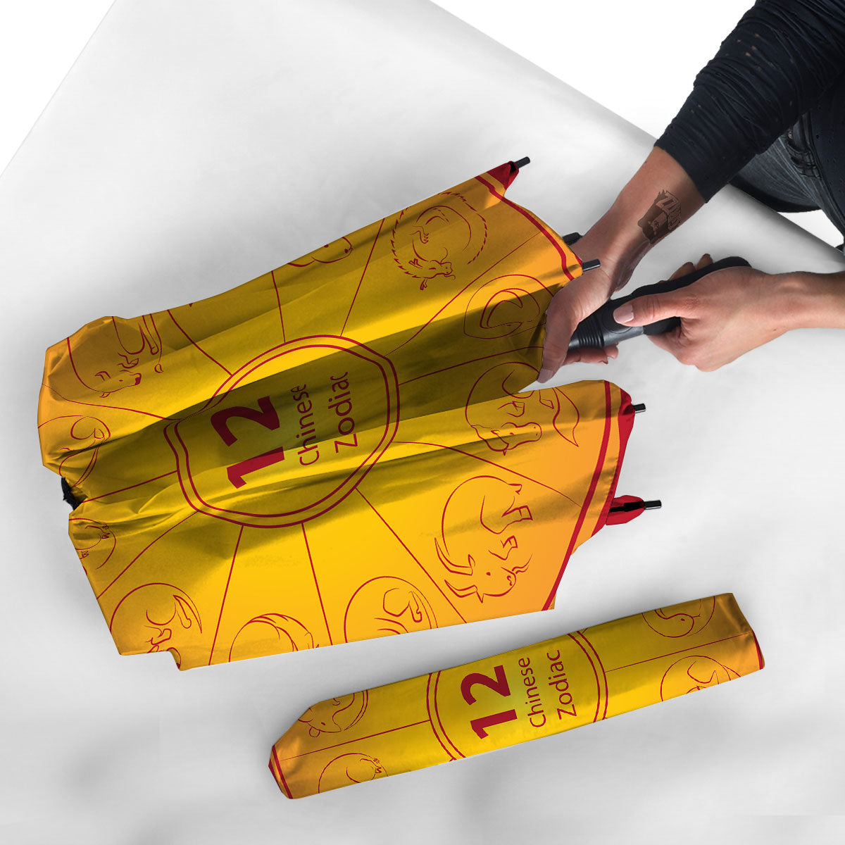 Chinese Zodiac Yellow And Red Print Umbrella-grizzshop