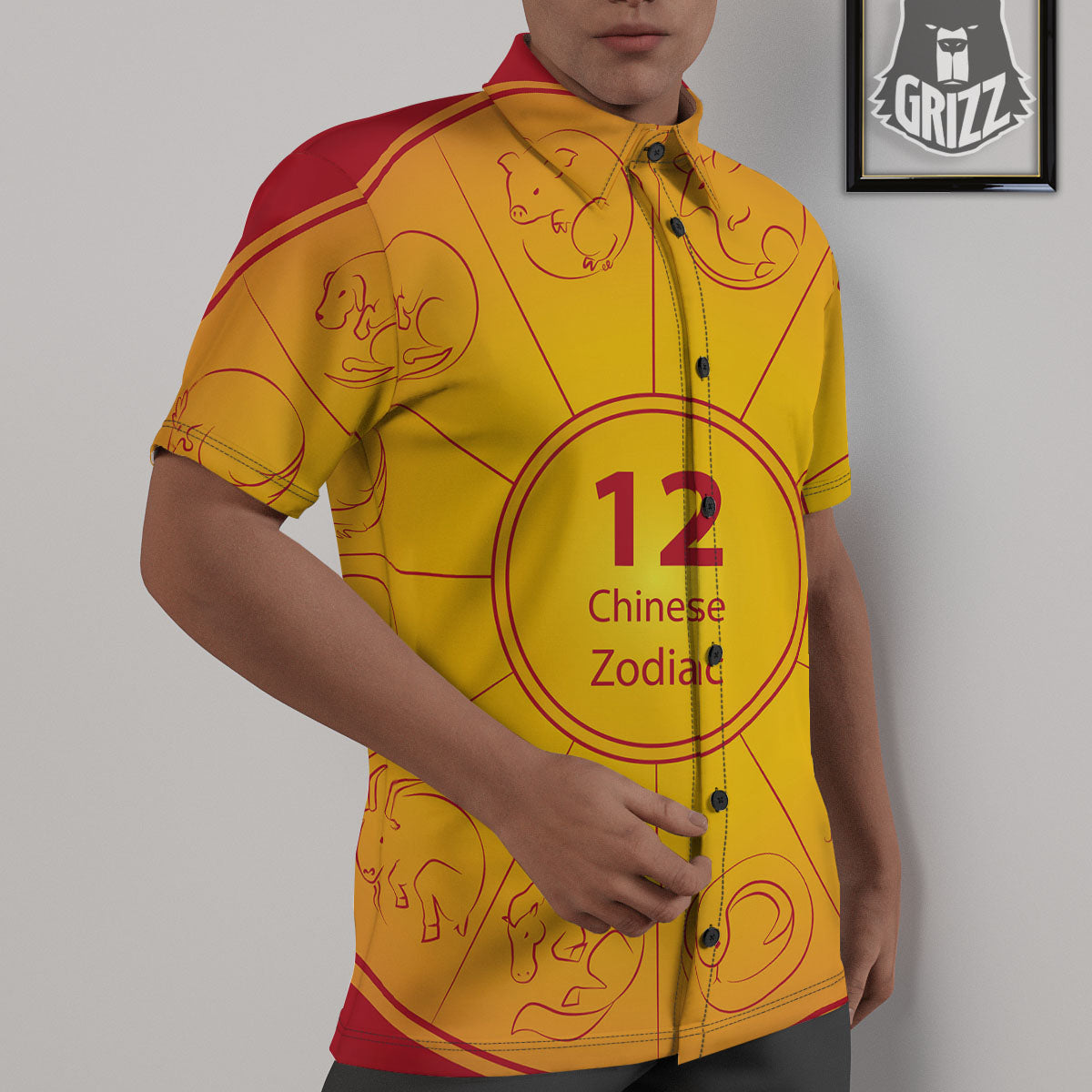Chinese Zodiac Yellow And Red Print Untucked Shirts-grizzshop