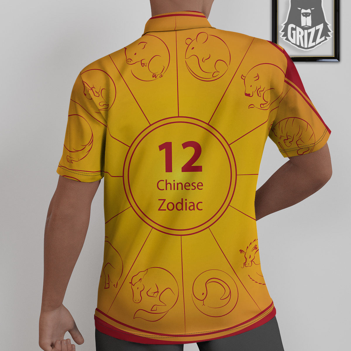 Chinese Zodiac Yellow And Red Print Untucked Shirts-grizzshop