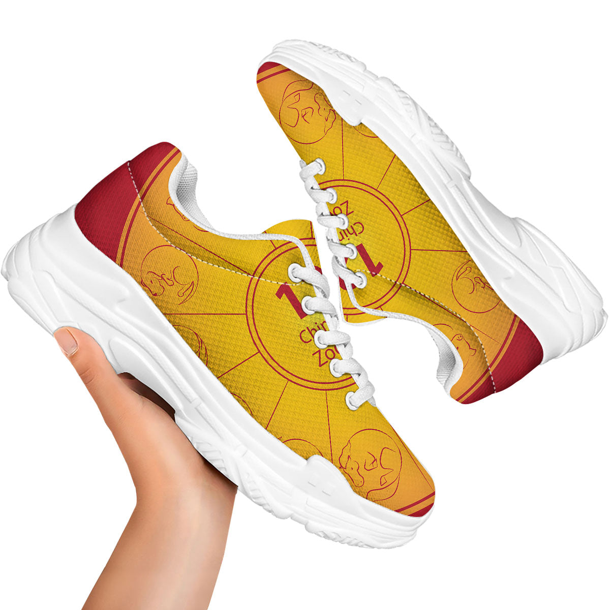 Chinese Zodiac Yellow And Red Print White Chunky Shoes-grizzshop