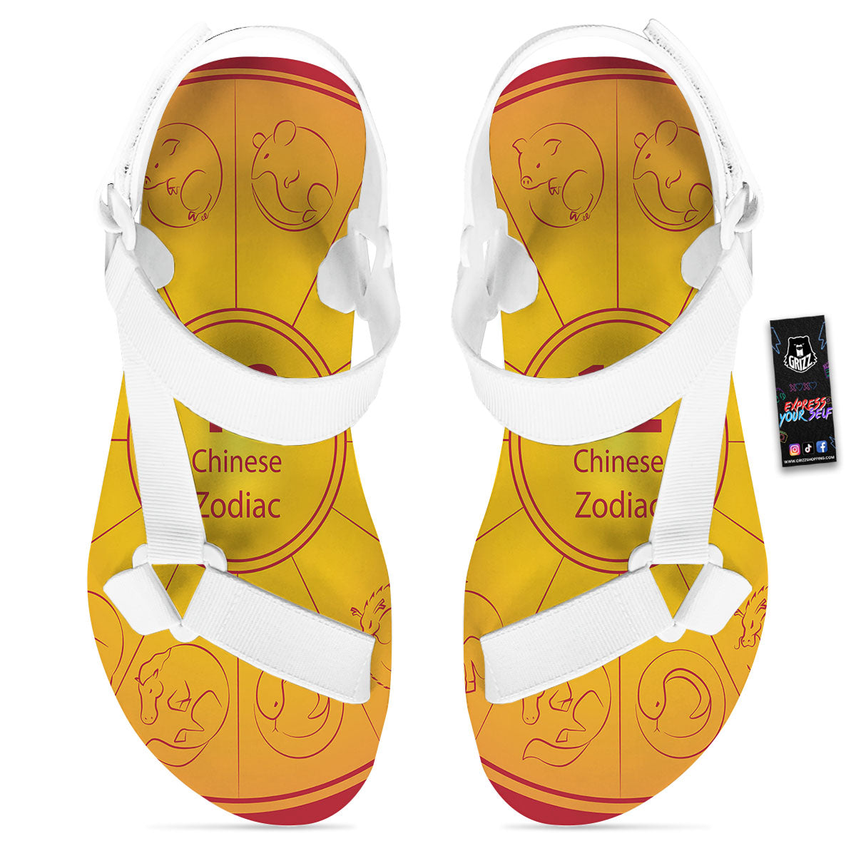 Chinese Zodiac Yellow And Red Print White Open Toe Sandals-grizzshop