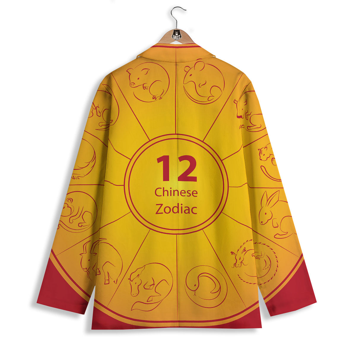 Chinese Zodiac Yellow And Red Print Women's Blazer-grizzshop