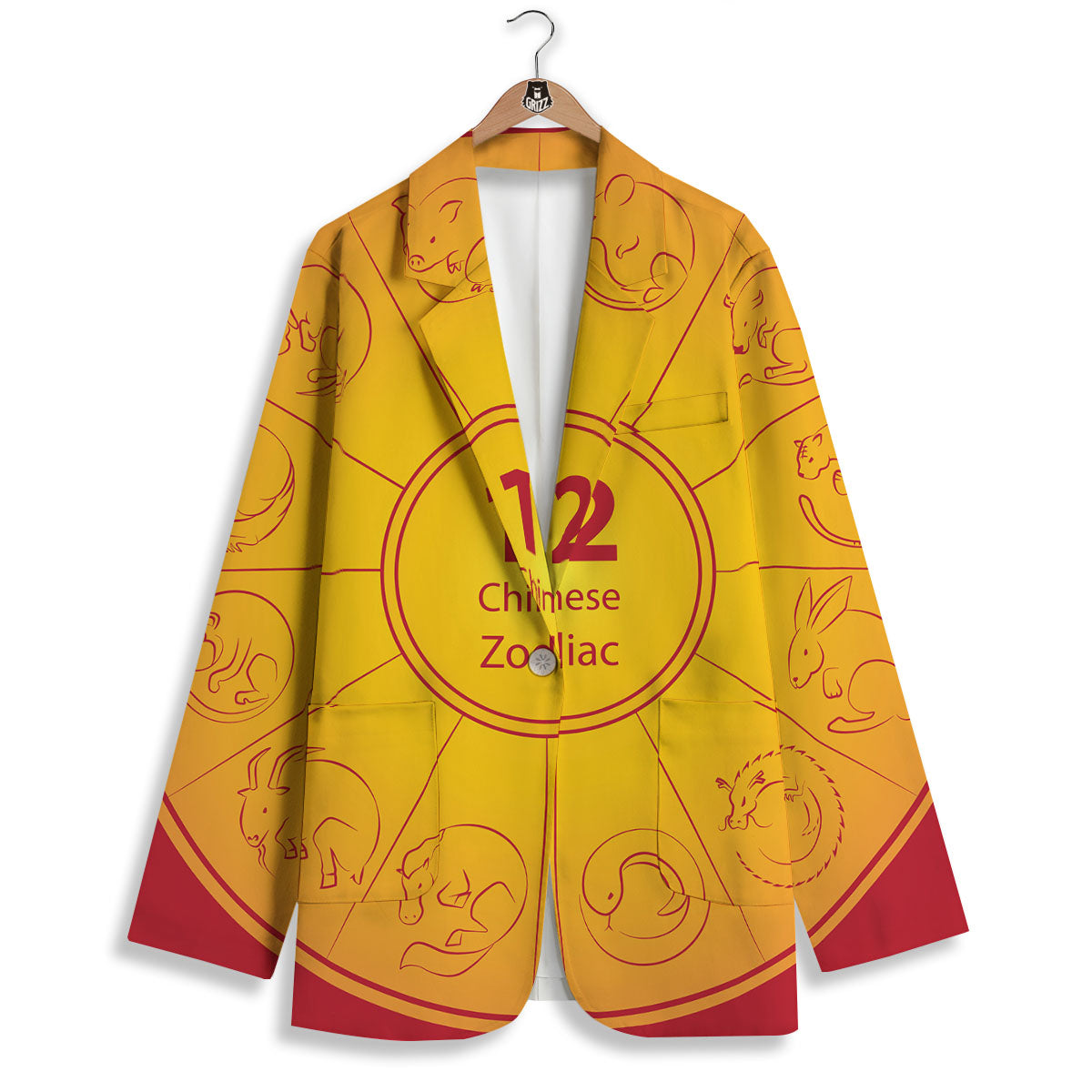 Chinese Zodiac Yellow And Red Print Women's Blazer-grizzshop