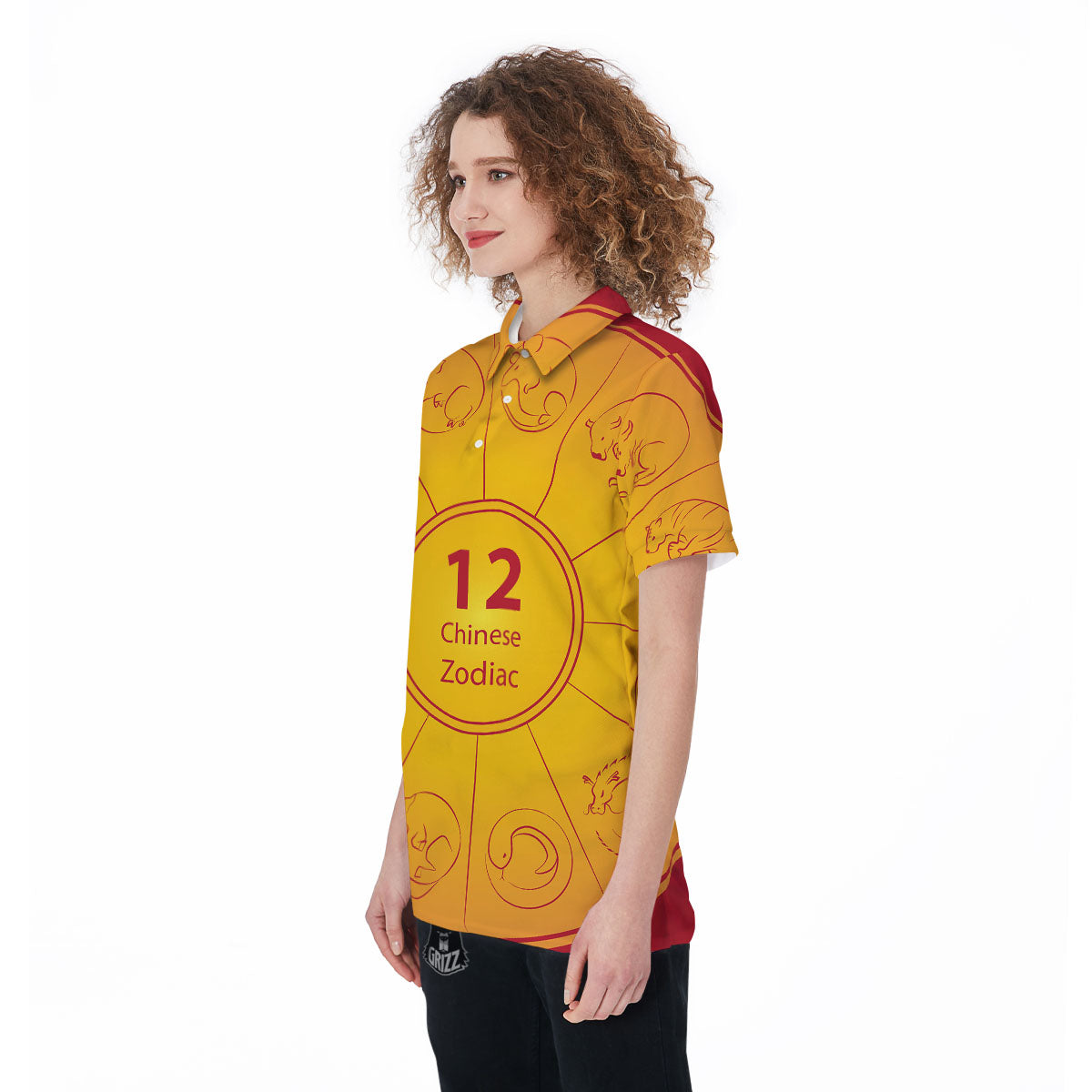 Chinese Zodiac Yellow And Red Print Women's Golf Shirts-grizzshop