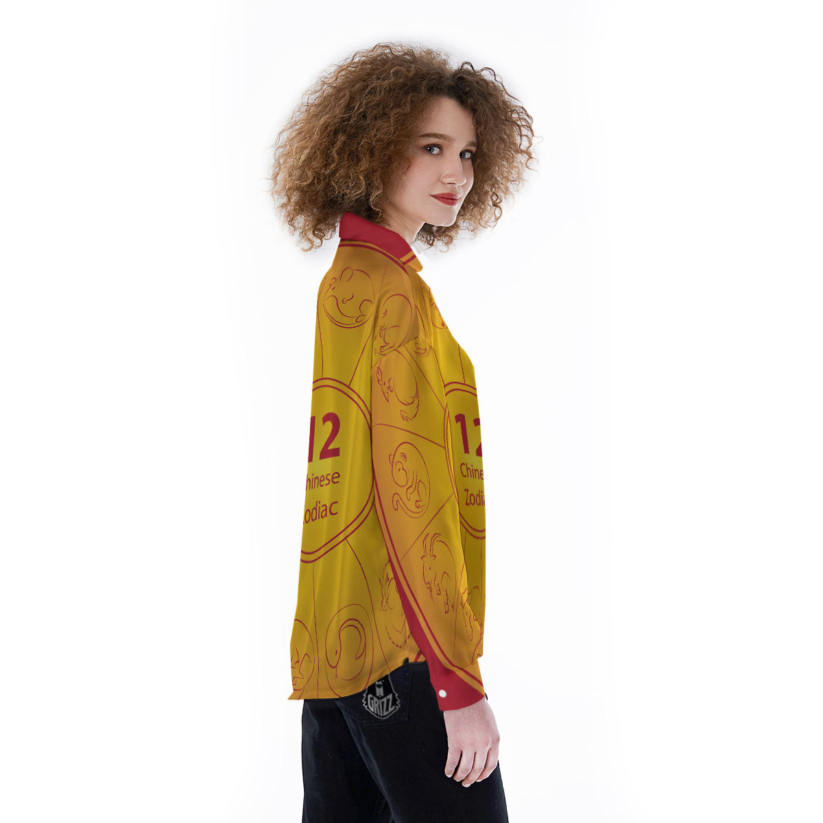 Chinese Zodiac Yellow And Red Print Women's Long Sleeve Shirts-grizzshop