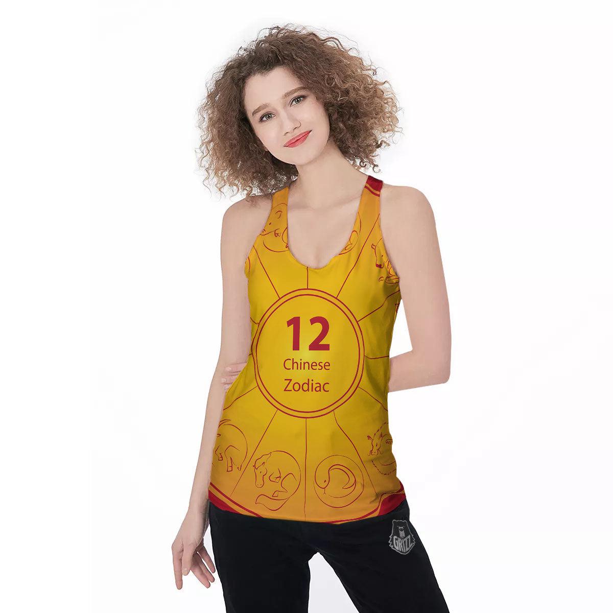 Chinese Zodiac Yellow And Red Print Women's Racerback Tank Top-grizzshop