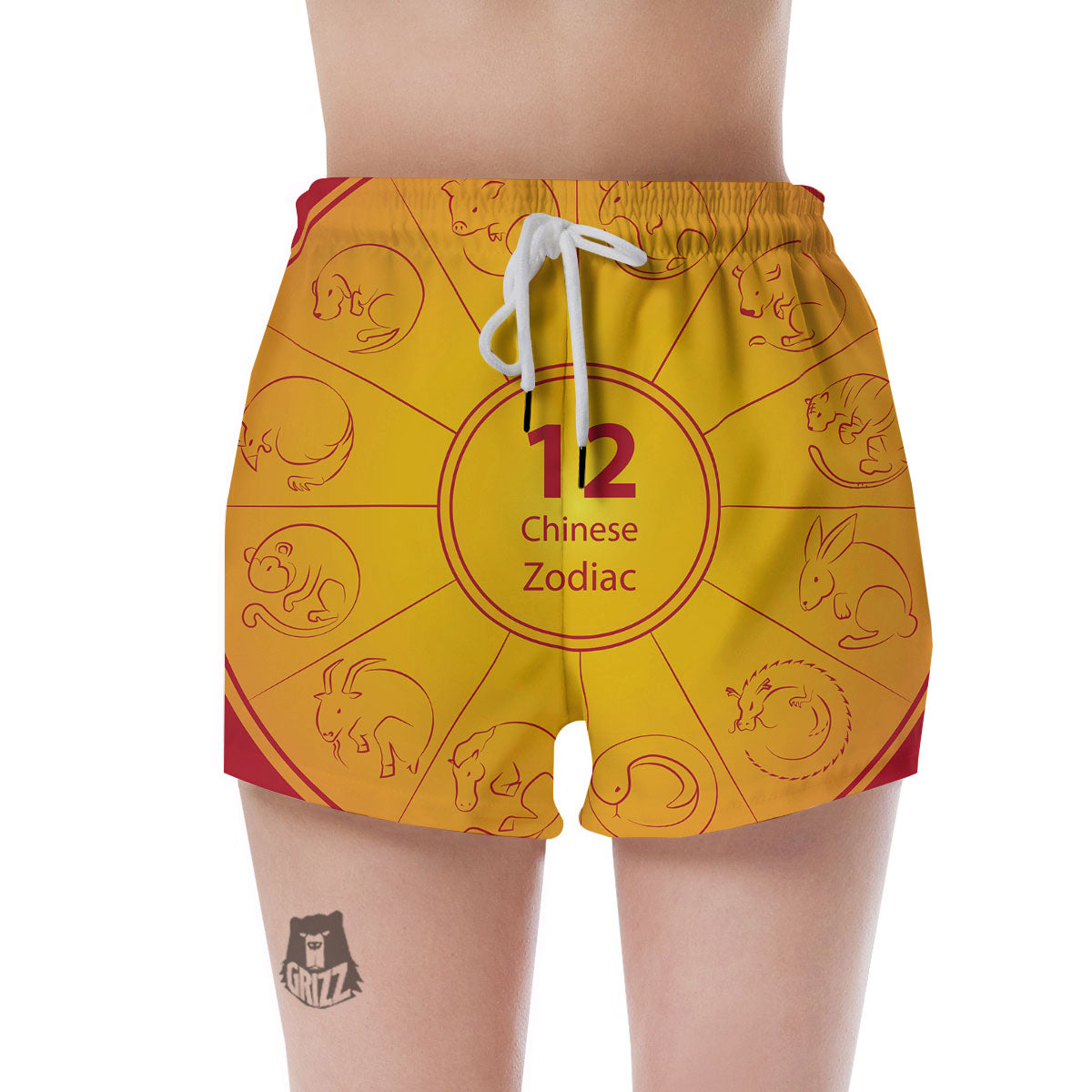 Chinese Zodiac Yellow And Red Print Women's Shorts-grizzshop