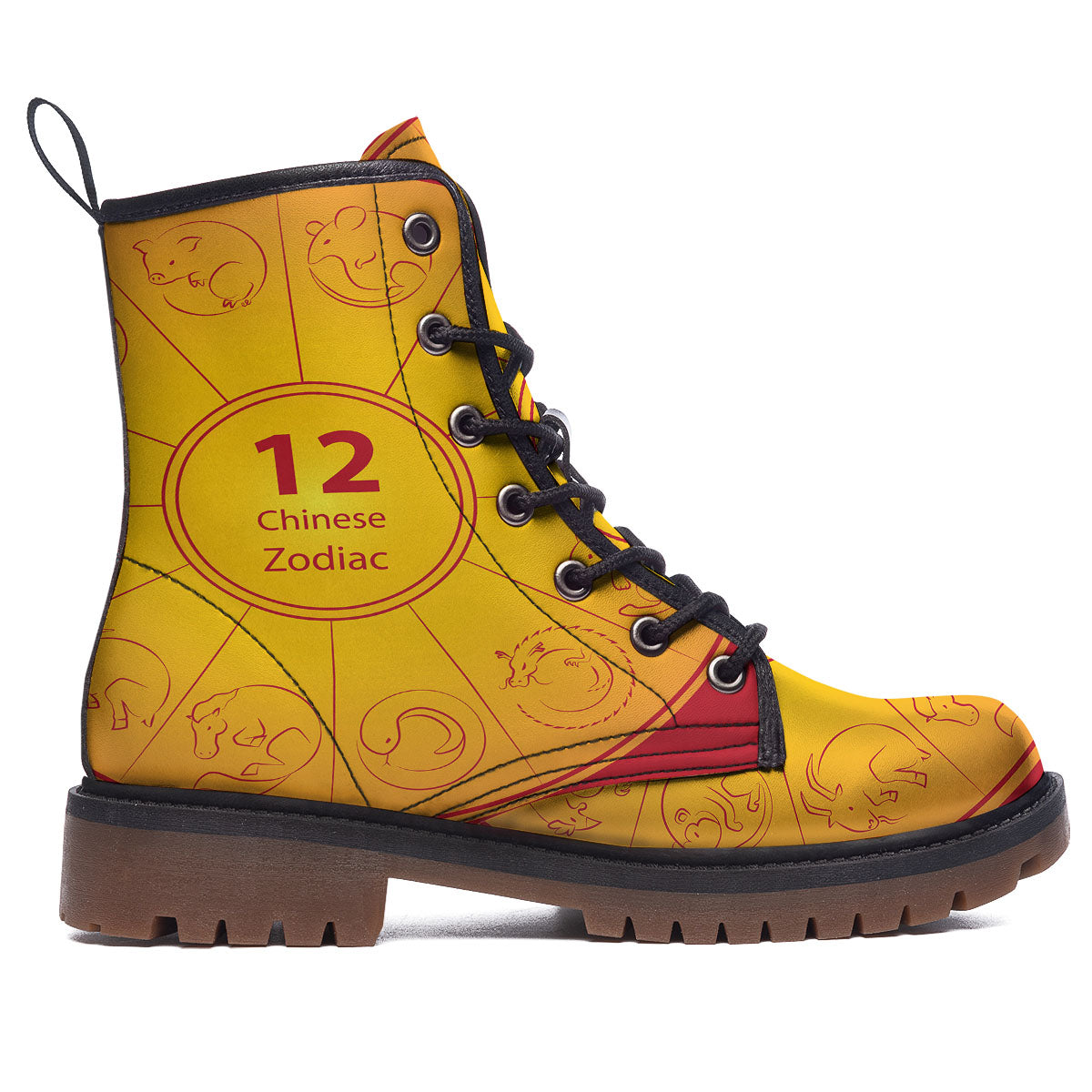 Chinese Zodiac Yellow And Red Print Work Boots-grizzshop