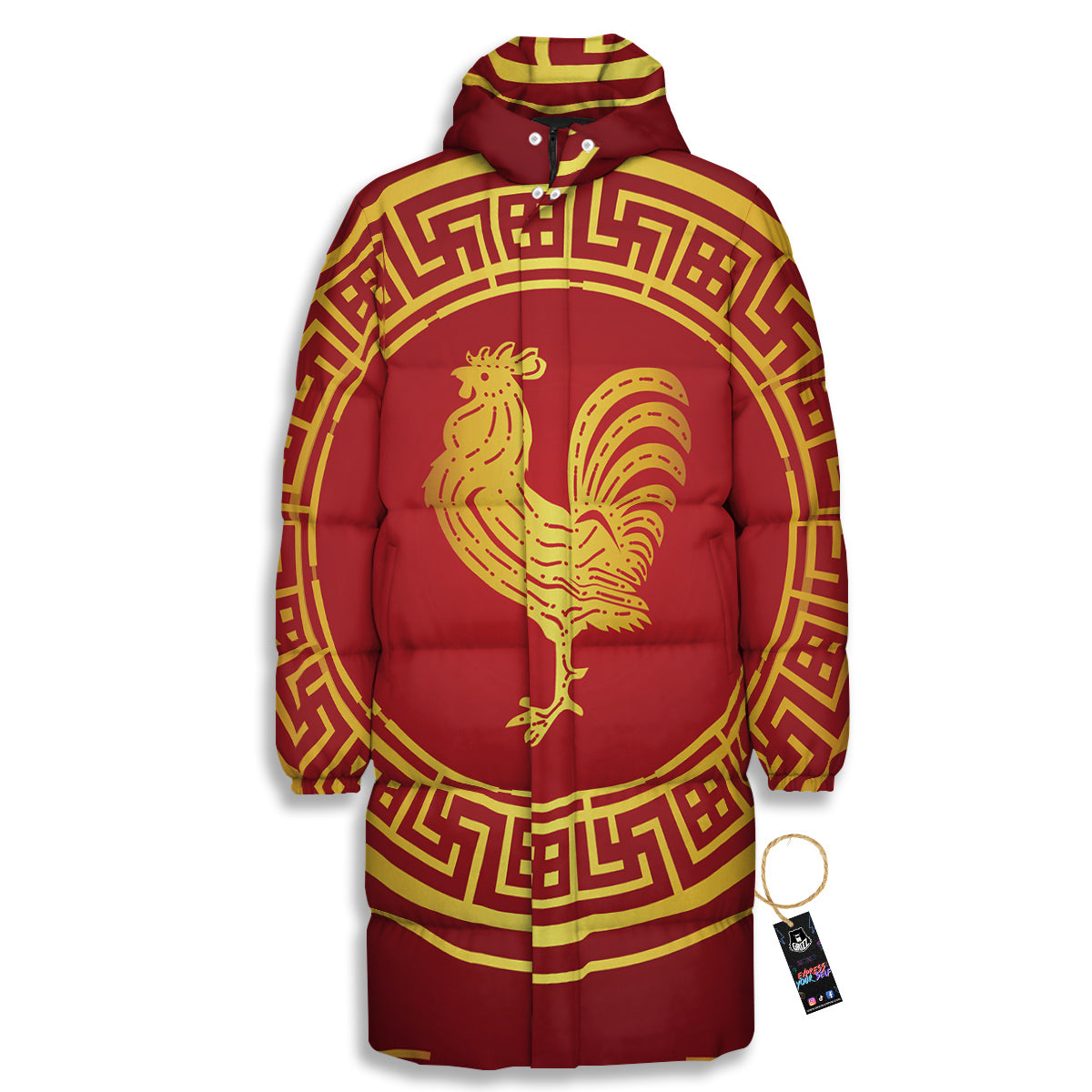 Chinese New Year Rooster Print Long Down Jacket