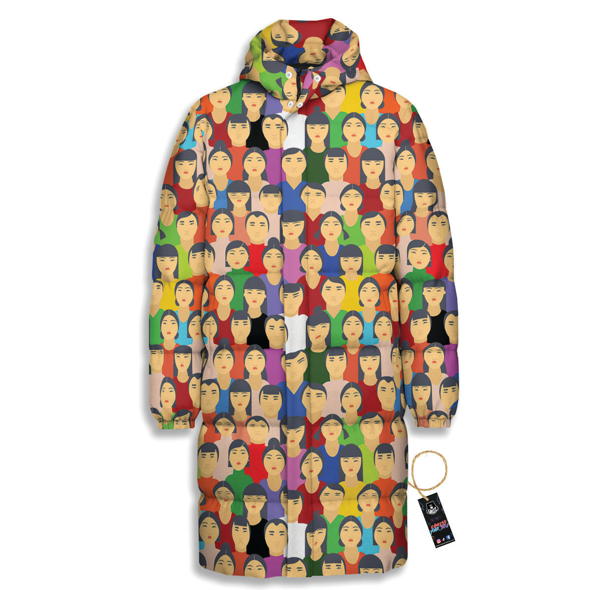 Chinese People Colorful Print Pattern Long Down Jacket
