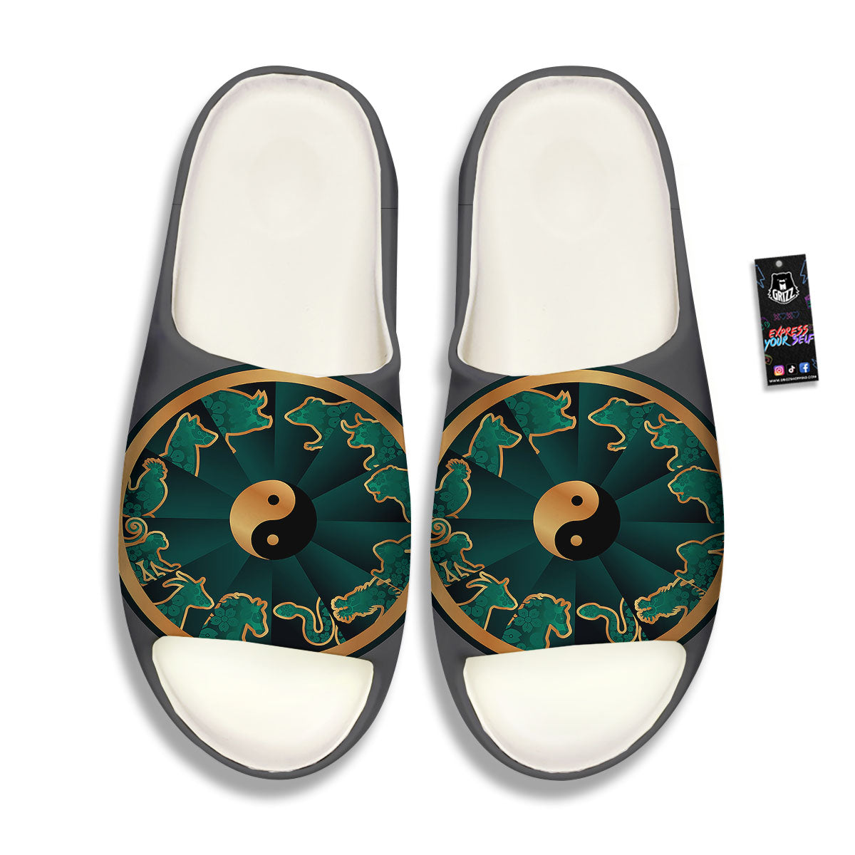 Chinese Zodiac Gold And Green Print Sandals-grizzshop