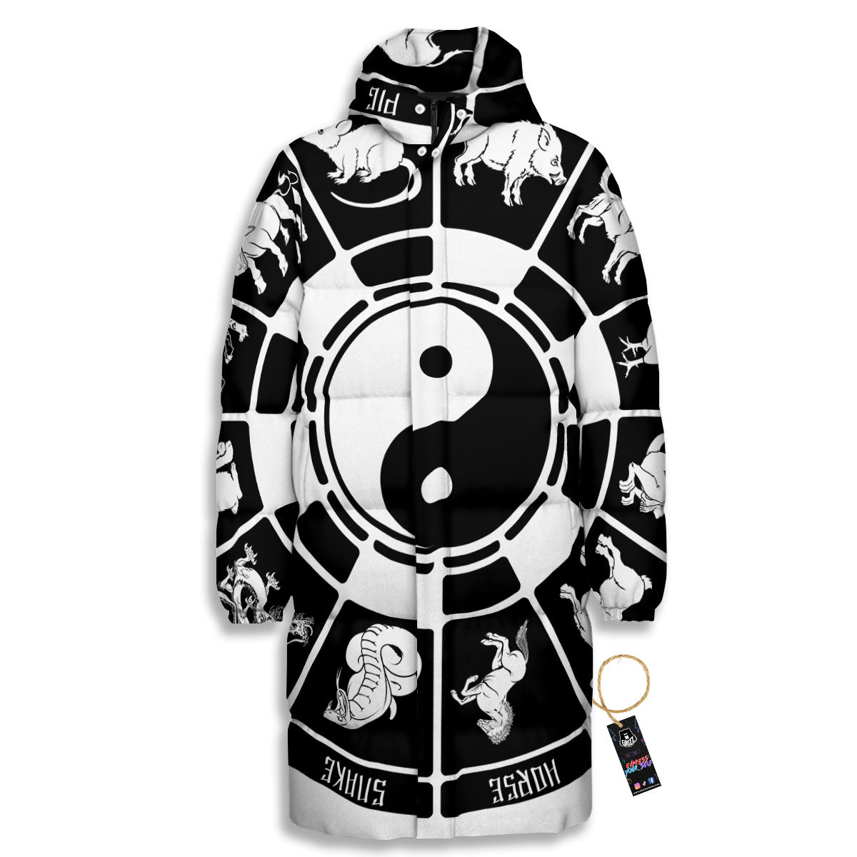 Chinese Zodiac White And Black Print Long Down Jacket