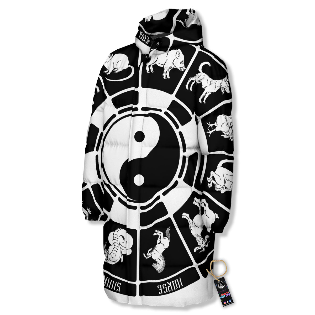 Chinese Zodiac White And Black Print Long Down Jacket