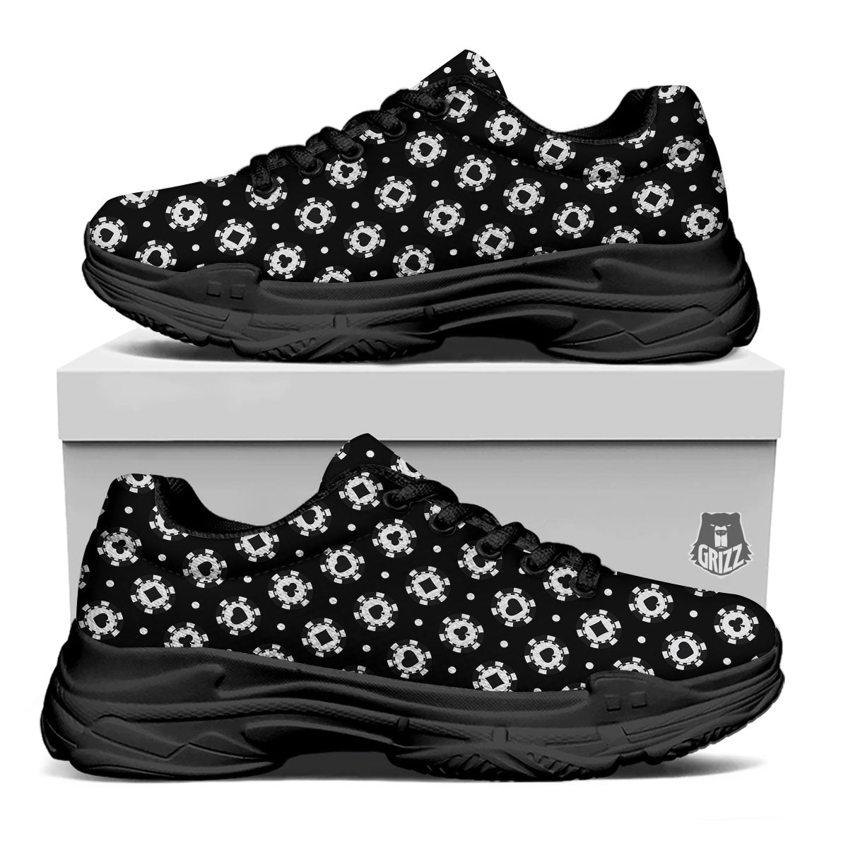 Chip And Casino Print Pattern Black Chunky Shoes-grizzshop