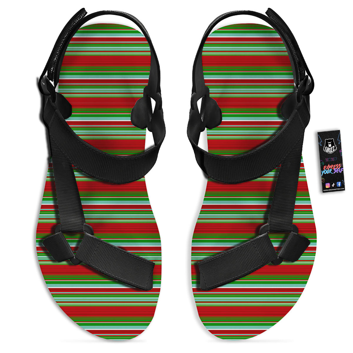 Chirstmas Serape Ethnic Mexican Print Pattern Black Open Toe Sandals-grizzshop