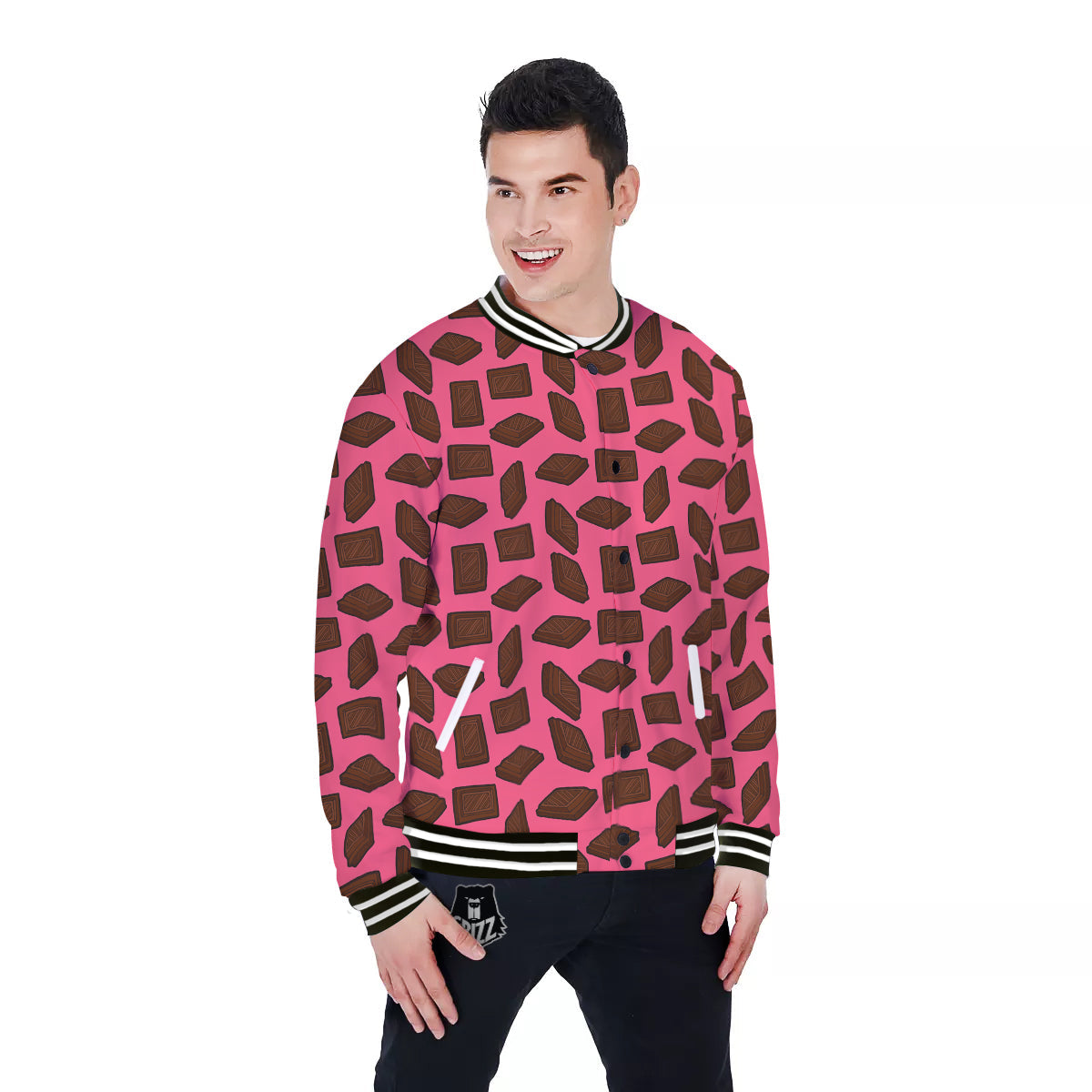 Chocolate And Pink Print Pattern Baseball Jacket-grizzshop