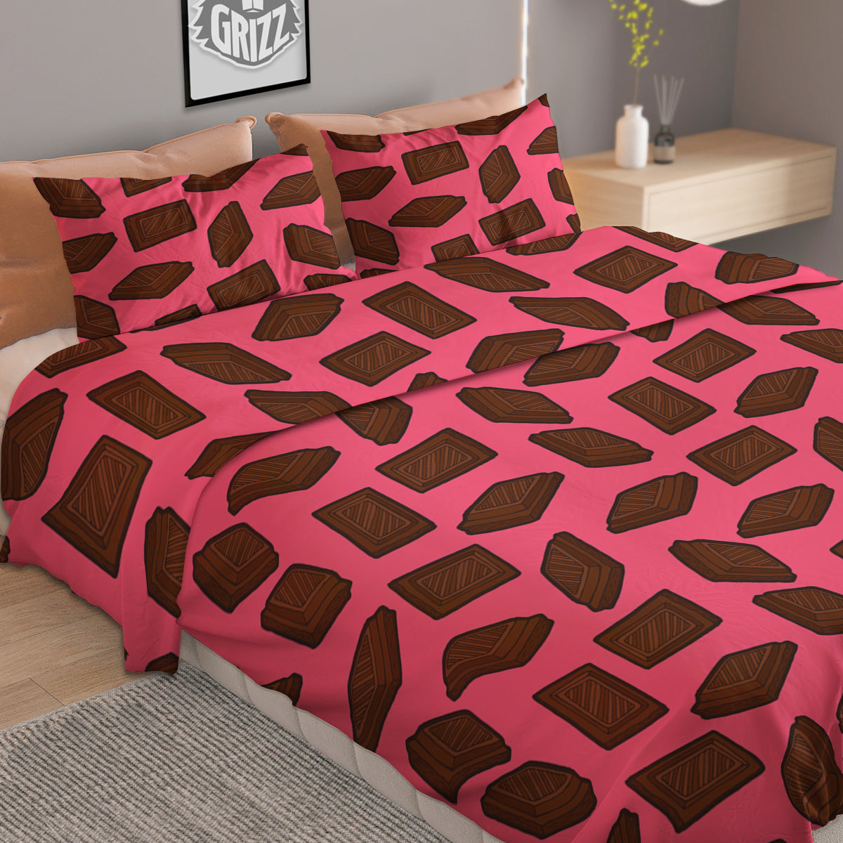 Chocolate And Pink Print Pattern Duvet Cover Bedding Set
