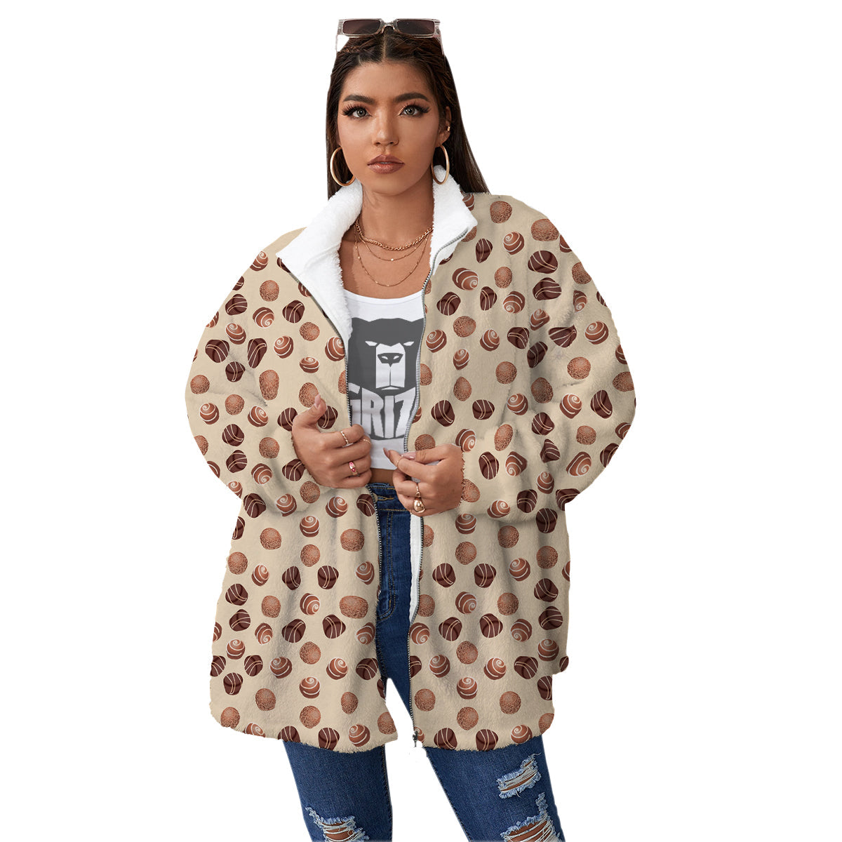 Chocolate Candy Print Pattern Women's Sherpa Jacket-grizzshop