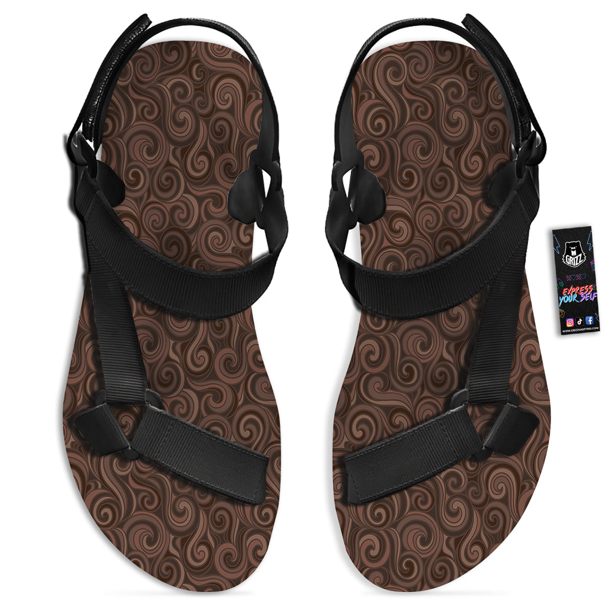 Chocolate Texture Brown Print Pattern Black Open Toe Sandals-grizzshop