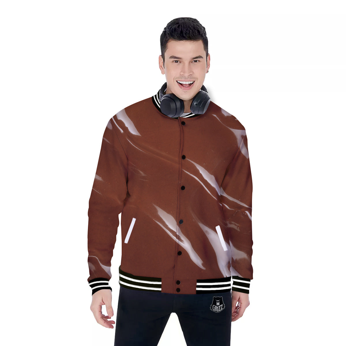 Chocolate Texture Print Baseball Jacket-grizzshop