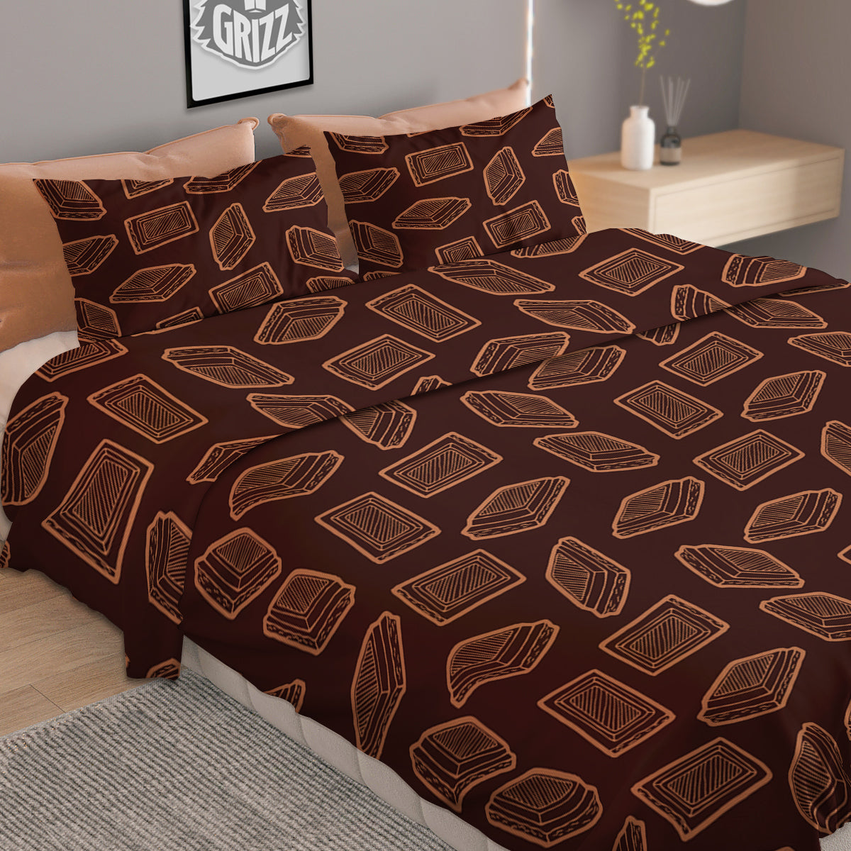 Chocolate Vintage Print Pattern Duvet Cover Bedding Set