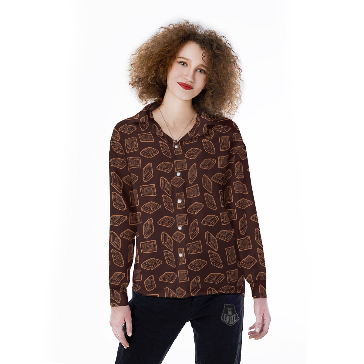 Chocolate Vintage Print Pattern Women's Long Sleeve Shirts-grizzshop
