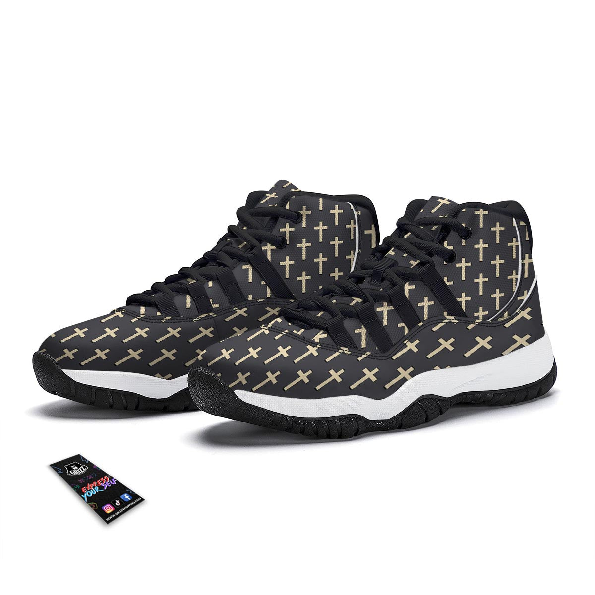 Christian Cross Pattern Print Black Bball Shoes-grizzshop