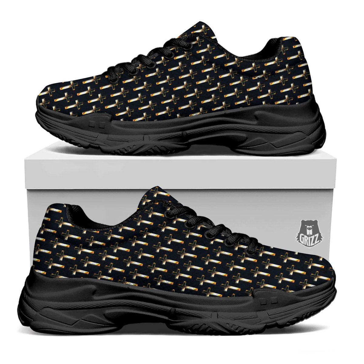 Christian Cross Print Pattern Black Chunky Shoes-grizzshop