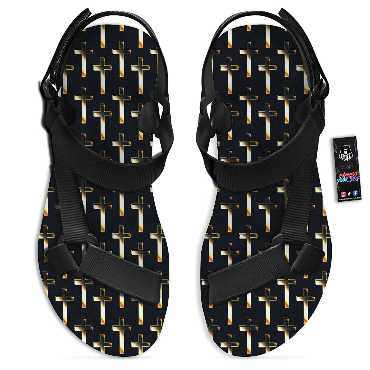 Christian Cross Print Pattern Black Open Toe Sandals-grizzshop