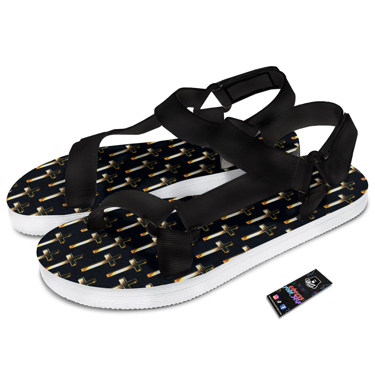 Christian Cross Print Pattern Black Open Toe Sandals-grizzshop
