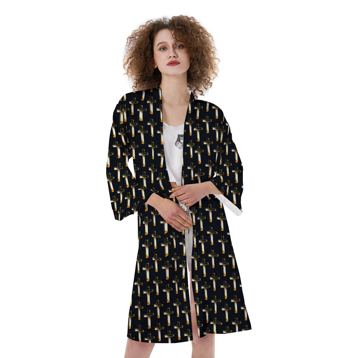 Christian Cross Print Pattern Kimono-grizzshop