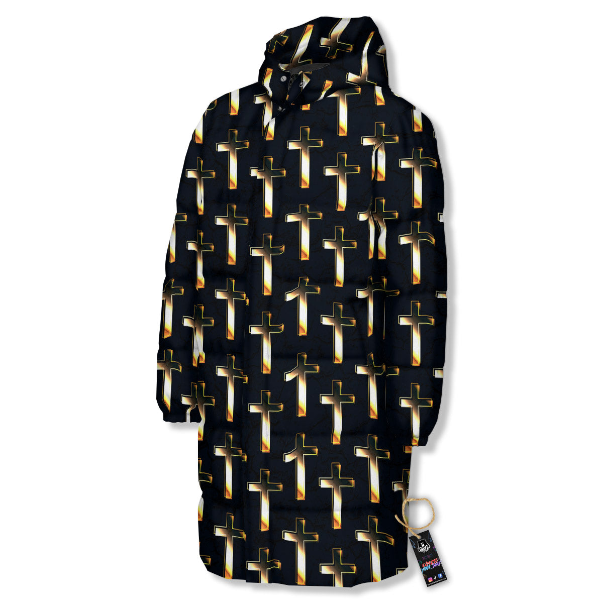 Christian Cross Print Pattern Long Down Jacket-grizzshop